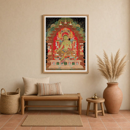 Immerse yourself in serenity with this exquisite Thangka painting featuring Green Tara, the for Entrance