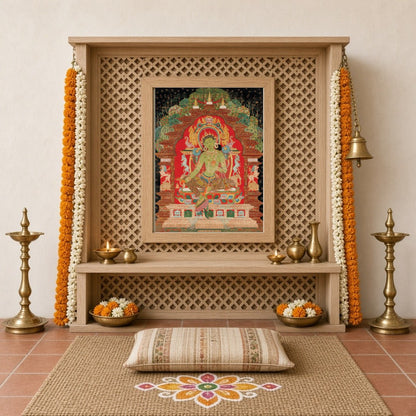 Immerse yourself in serenity with this exquisite Thangka painting featuring Green Tara, the for Home Temple