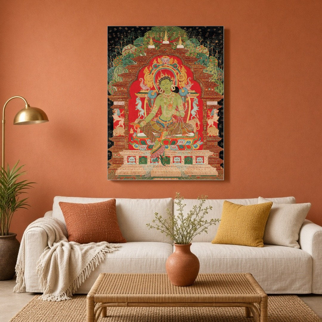 Immerse yourself in serenity with this exquisite Thangka painting featuring Green Tara, the for Living Room