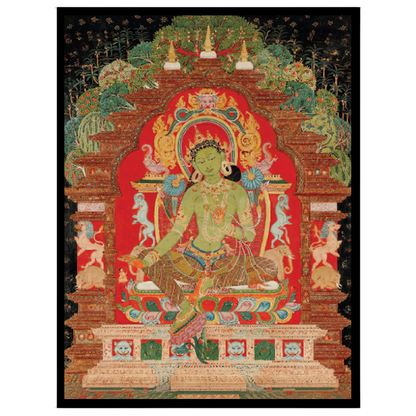 Immerse yourself in serenity with this exquisite Thangka painting featuring Green Tara, the for sanctuary