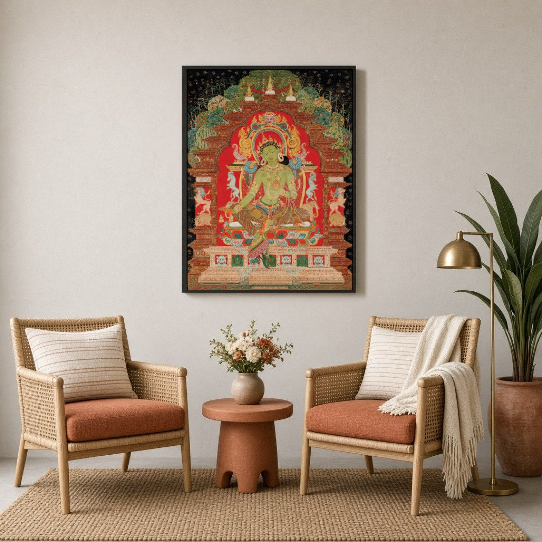 Immerse yourself in serenity with this exquisite Thangka painting featuring Green Tara, the for Sitting Lounge