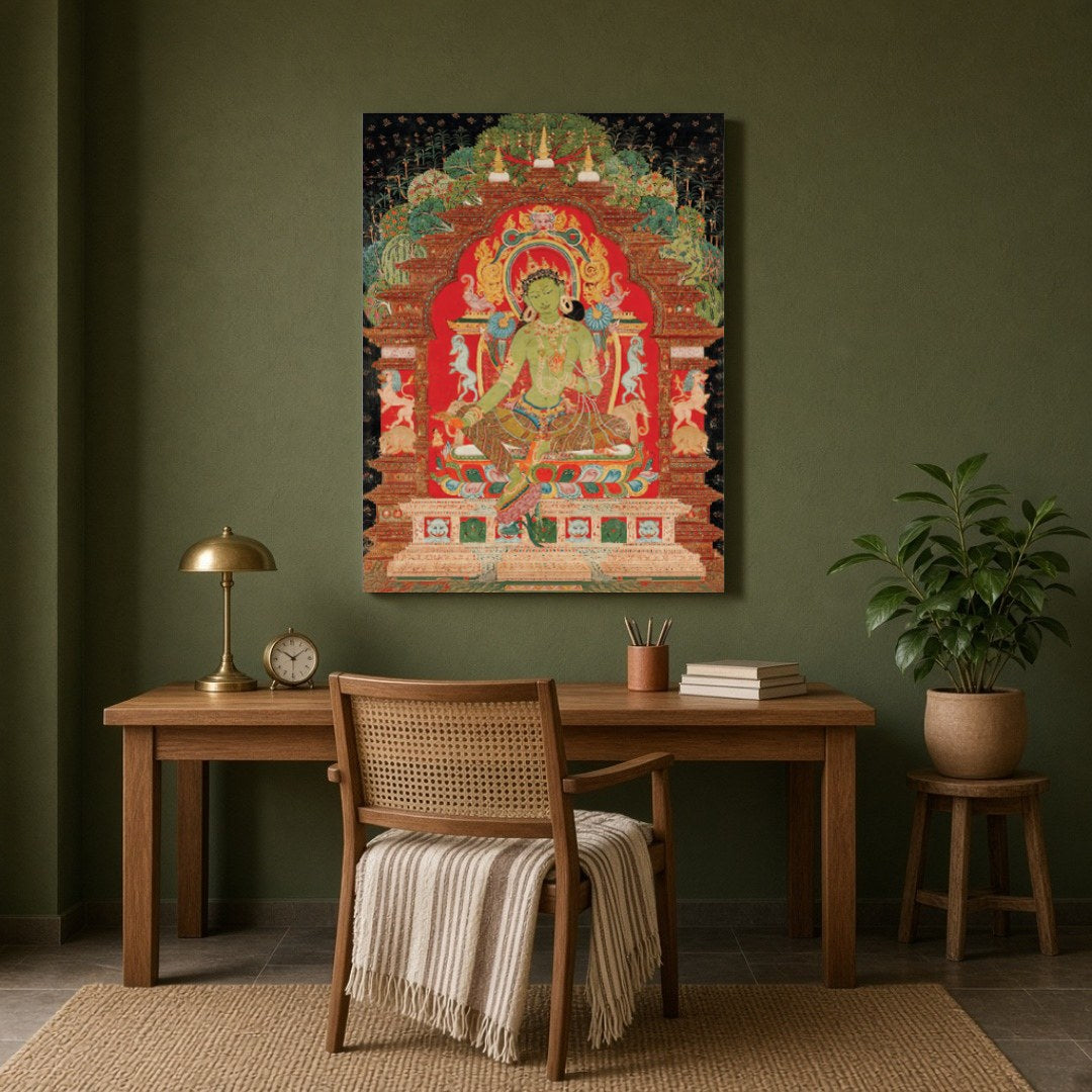Immerse yourself in serenity with this exquisite Thangka painting featuring Green Tara, the for Study