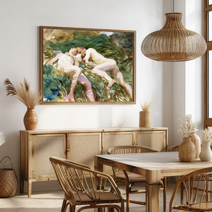 Experience tranquility with this watercolor masterpiece, depicting two figures in serene rest for Dining