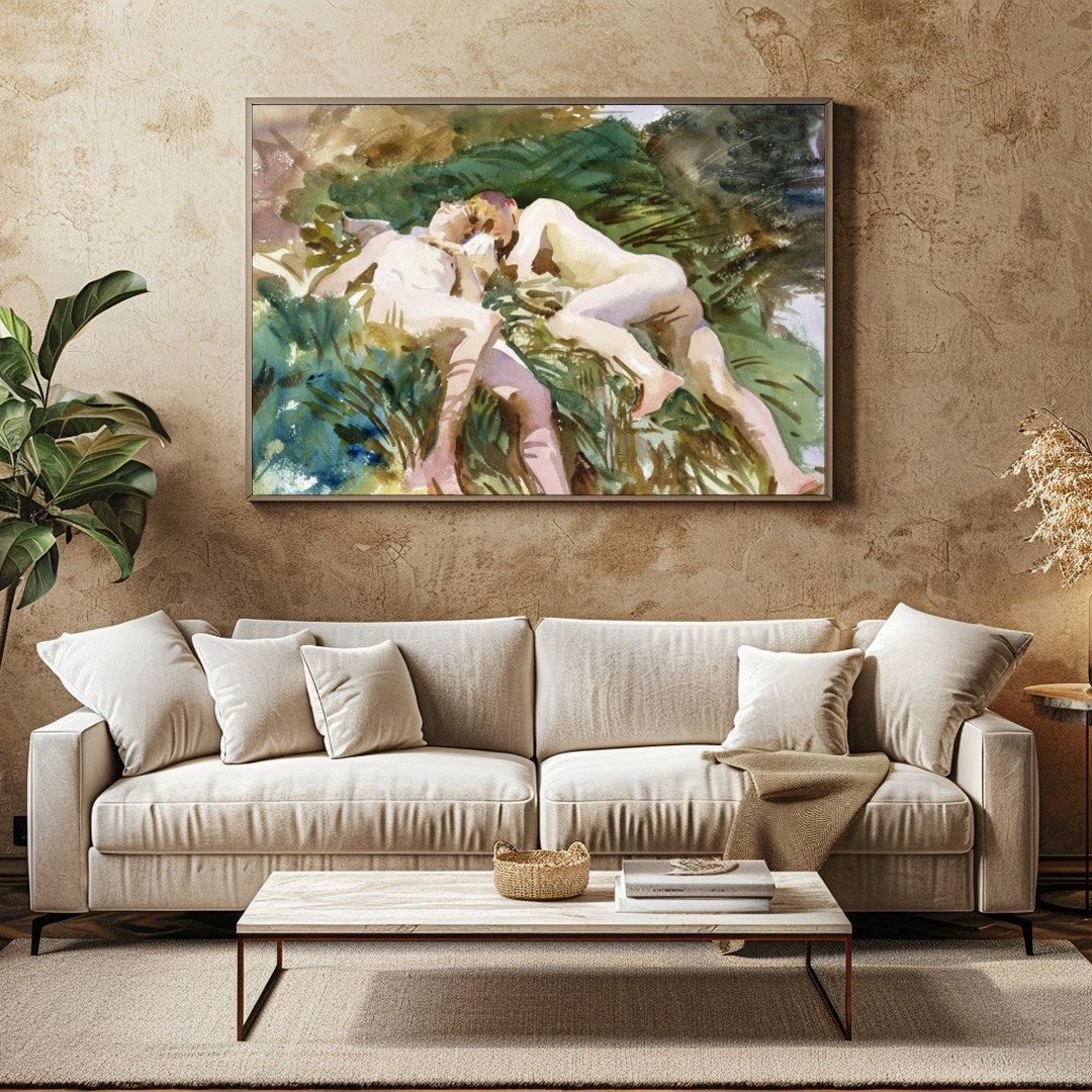 Experience tranquility with this watercolor masterpiece, depicting two figures in serene rest for Family Room
