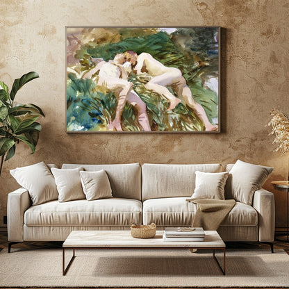 Experience tranquility with this watercolor masterpiece, depicting two figures in serene rest for Family Room