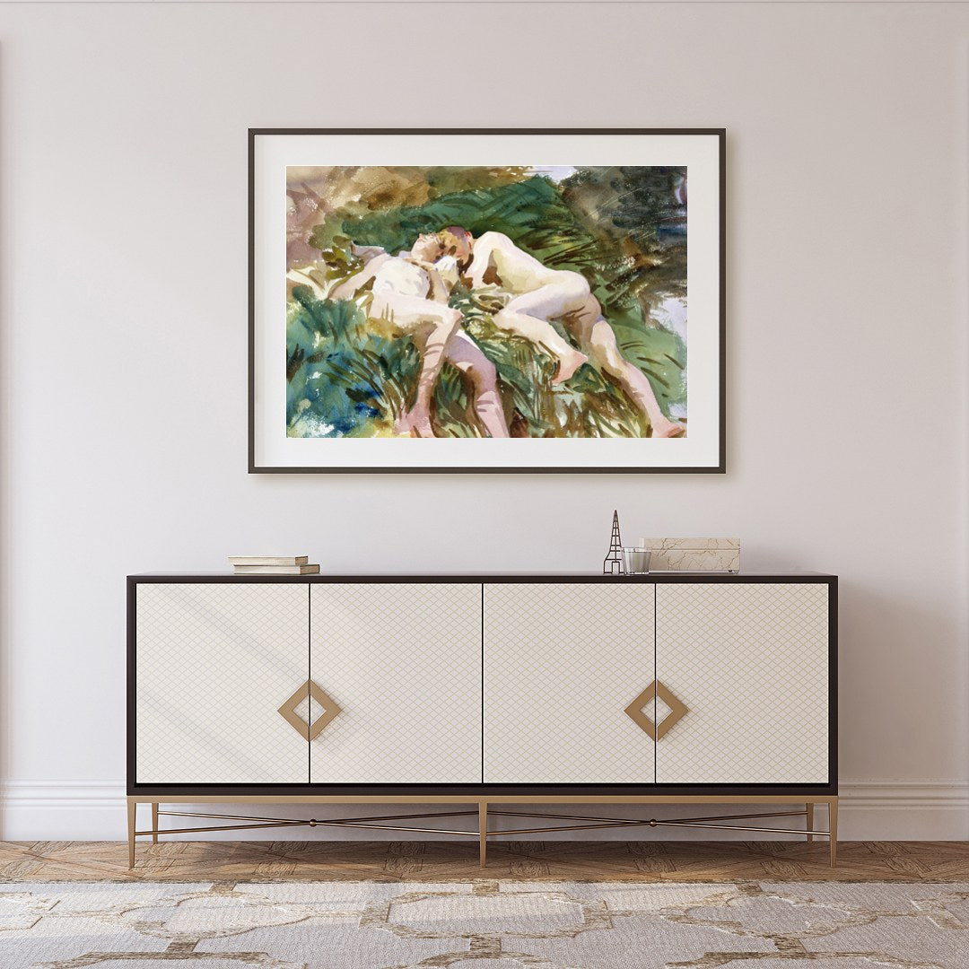 Experience tranquility with this watercolor masterpiece, depicting two figures in serene rest for Foyer