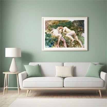 Experience tranquility with this watercolor masterpiece, depicting two figures in serene rest for Hall