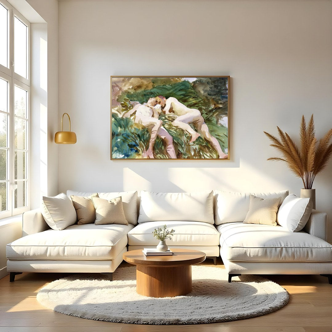 Experience tranquility with this watercolor masterpiece, depicting two figures in serene rest for Living Room
