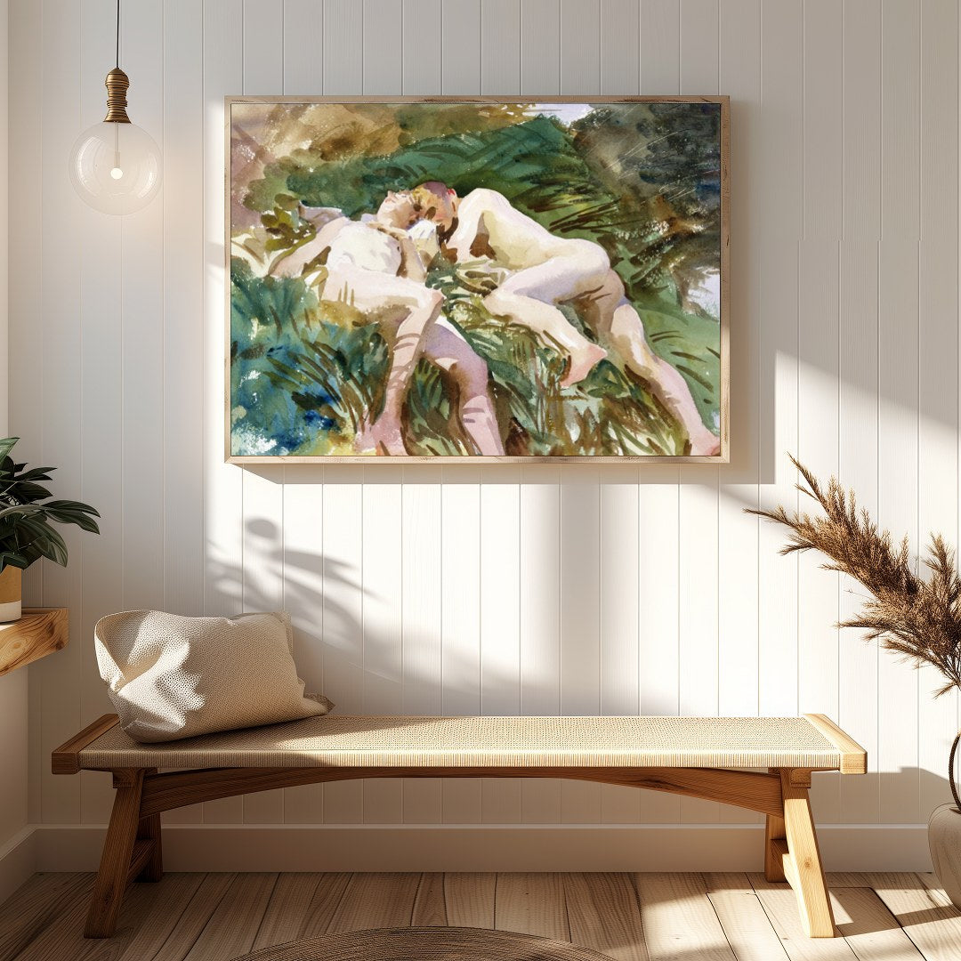 Experience tranquility with this watercolor masterpiece, depicting two figures in serene rest for Hallway