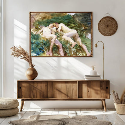 Experience tranquility with this watercolor masterpiece, depicting two figures in serene rest for Sitting Area