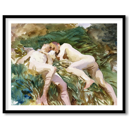 Experience tranquility with this watercolor masterpiece, depicting two figures in serene rest for studio