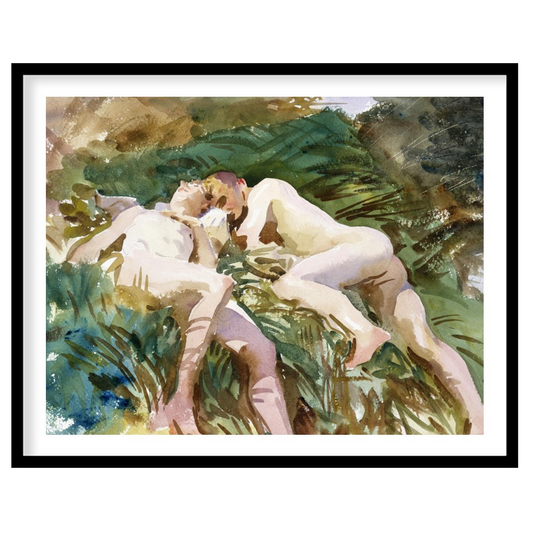 Experience tranquility with this watercolor masterpiece, depicting two figures in serene rest for studio