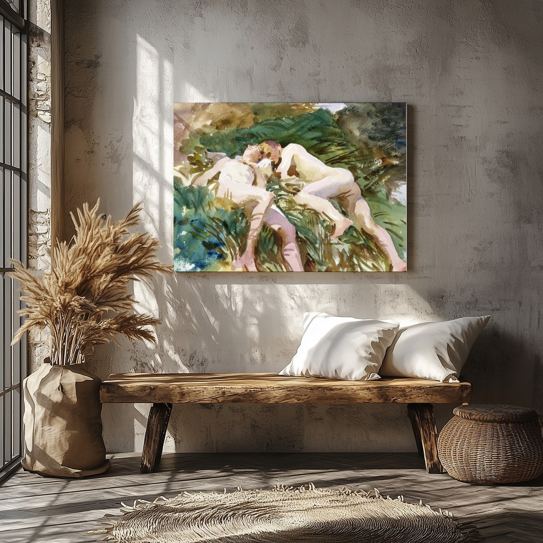 Experience tranquility with this watercolor masterpiece, depicting two figures in serene rest for Veranda