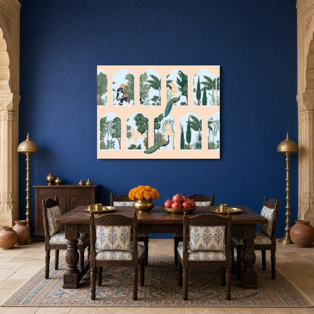 Explore the intricate beauty of Pichwai art with this stunning depiction of peacocks and elephants for Dining