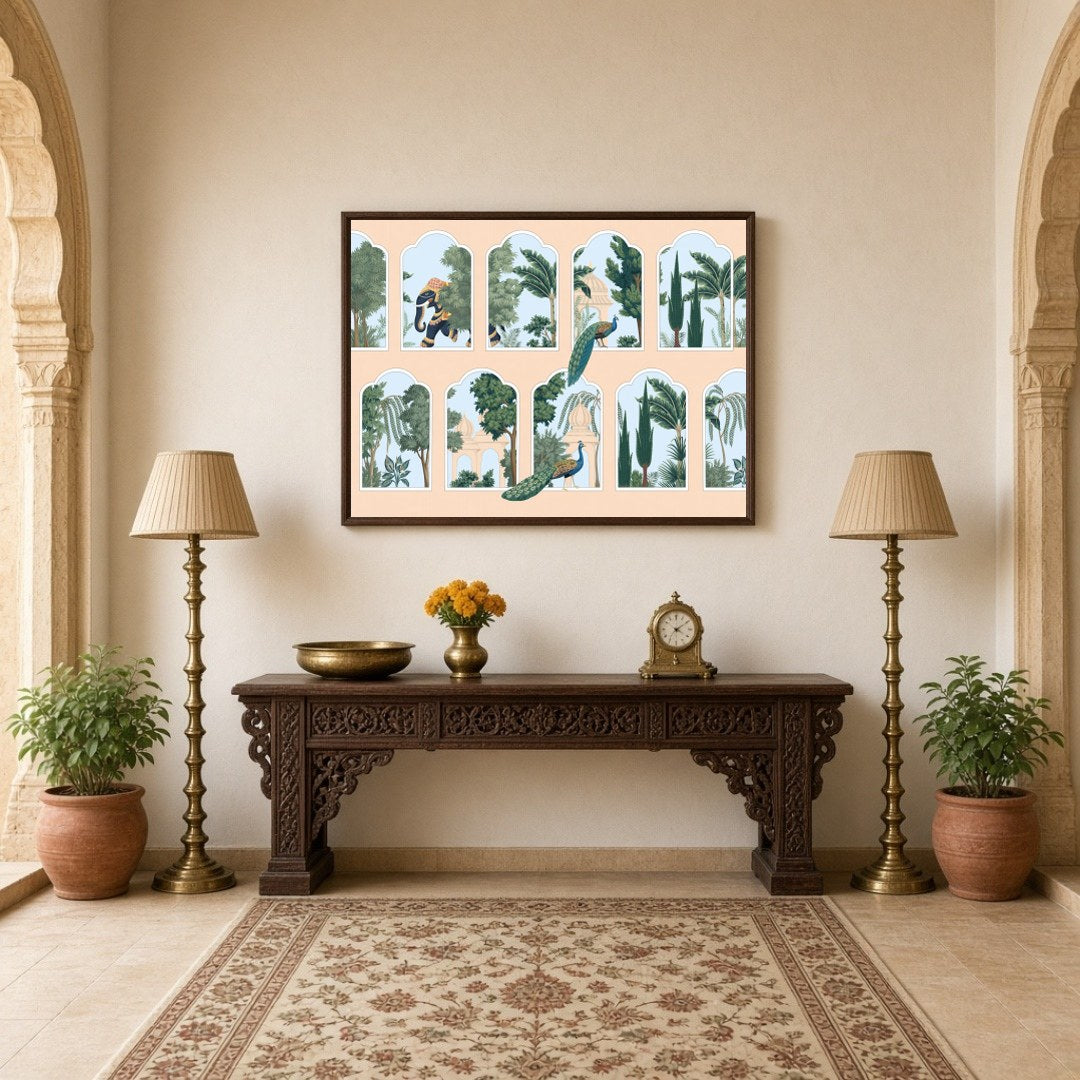 Explore the intricate beauty of Pichwai art with this stunning depiction of peacocks and elephants for Hallway