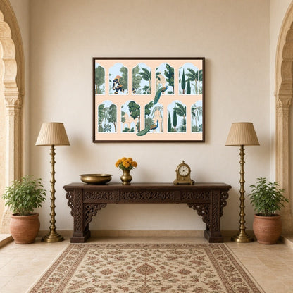 Explore the intricate beauty of Pichwai art with this stunning depiction of peacocks and elephants for Hallway