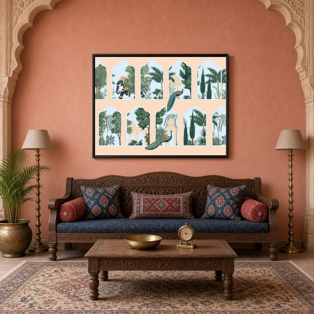 Explore the intricate beauty of Pichwai art with this stunning depiction of peacocks and elephants for Living Room