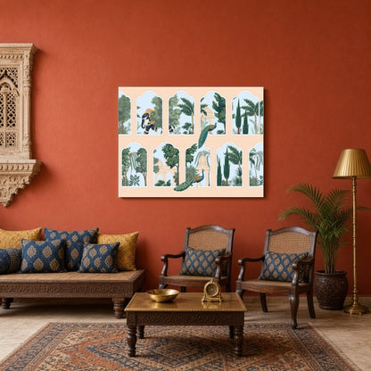 Explore the intricate beauty of Pichwai art with this stunning depiction of peacocks and elephants for Sitting Area