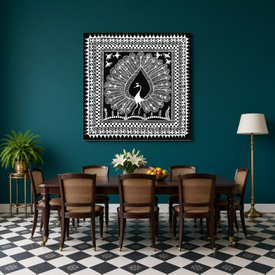 Experience the elegance of Warli art with this stunning print depicting a majestic peacock for Dining