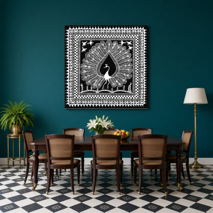 Experience the elegance of Warli art with this stunning print depicting a majestic peacock for Dining