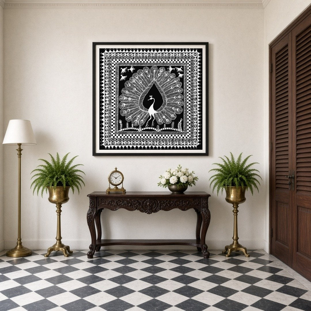 Experience the elegance of Warli art with this stunning print depicting a majestic peacock for Entrance