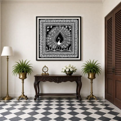 Experience the elegance of Warli art with this stunning print depicting a majestic peacock for Entrance