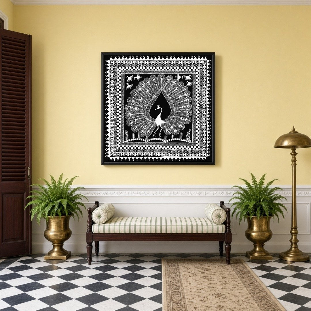 Experience the elegance of Warli art with this stunning print depicting a majestic peacock for Hallway