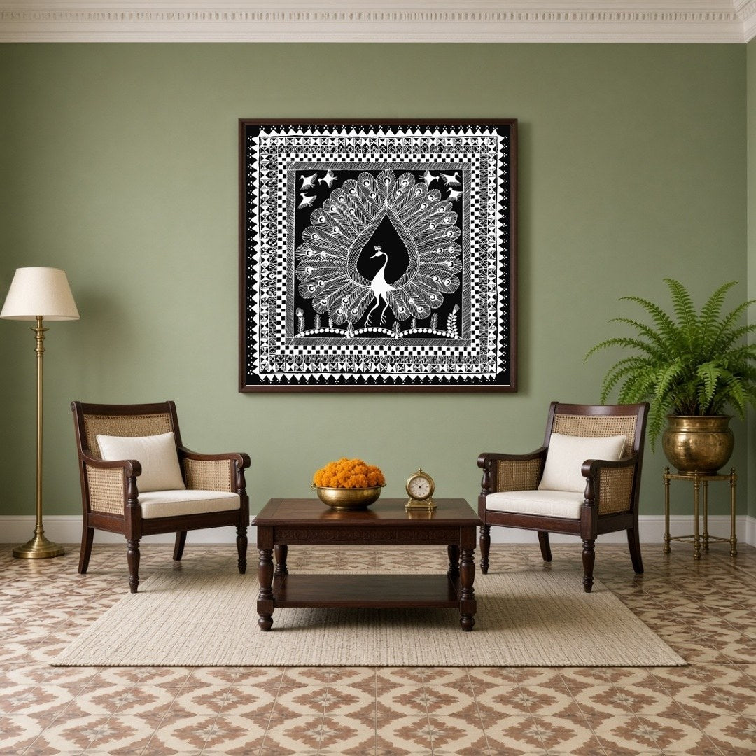 Experience the elegance of Warli art with this stunning print depicting a majestic peacock for Living Room
