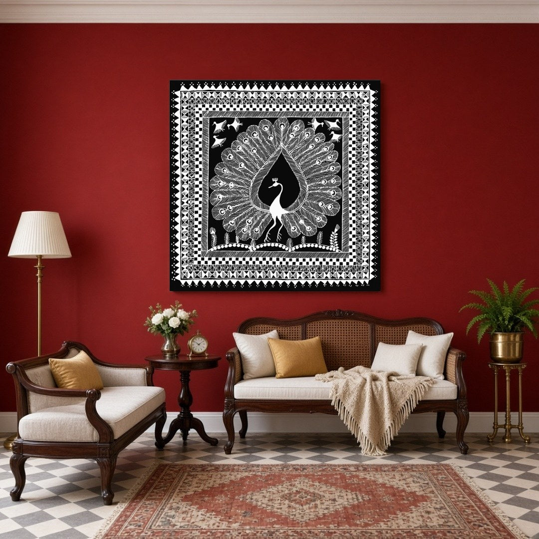 Experience the elegance of Warli art with this stunning print depicting a majestic peacock for Sitting Area