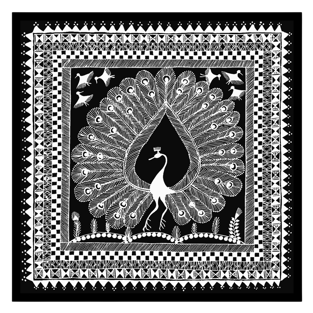 Experience the elegance of Warli art with this stunning print depicting a majestic peacock for studio