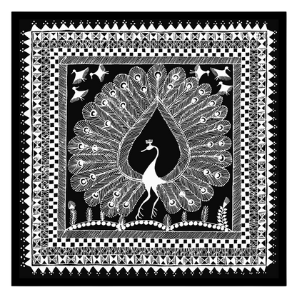 Experience the elegance of Warli art with this stunning print depicting a majestic peacock for studio