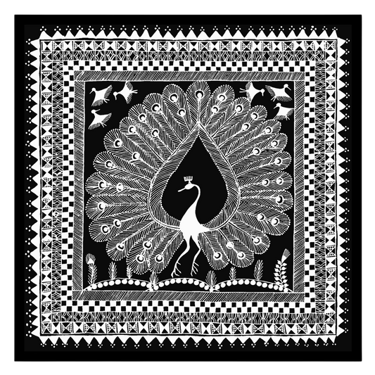 Experience the elegance of Warli art with this stunning print depicting a majestic peacock for studio