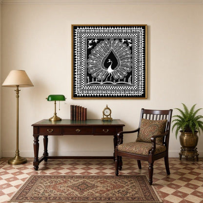 Experience the elegance of Warli art with this stunning print depicting a majestic peacock for Study