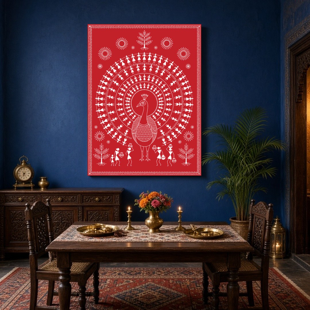 Immerse yourself in the rhythmic beauty of Warli art with this stunning depiction of a peacock for Dining