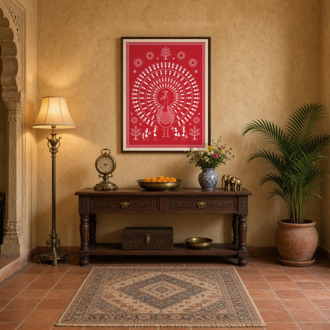 Immerse yourself in the rhythmic beauty of Warli art with this stunning depiction of a peacock for Entrance