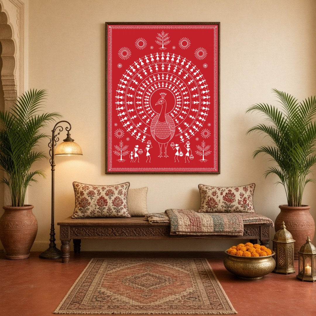 Immerse yourself in the rhythmic beauty of Warli art with this stunning depiction of a peacock for Hallway