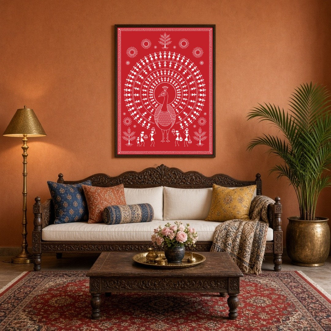 Immerse yourself in the rhythmic beauty of Warli art with this stunning depiction of a peacock for Living Room