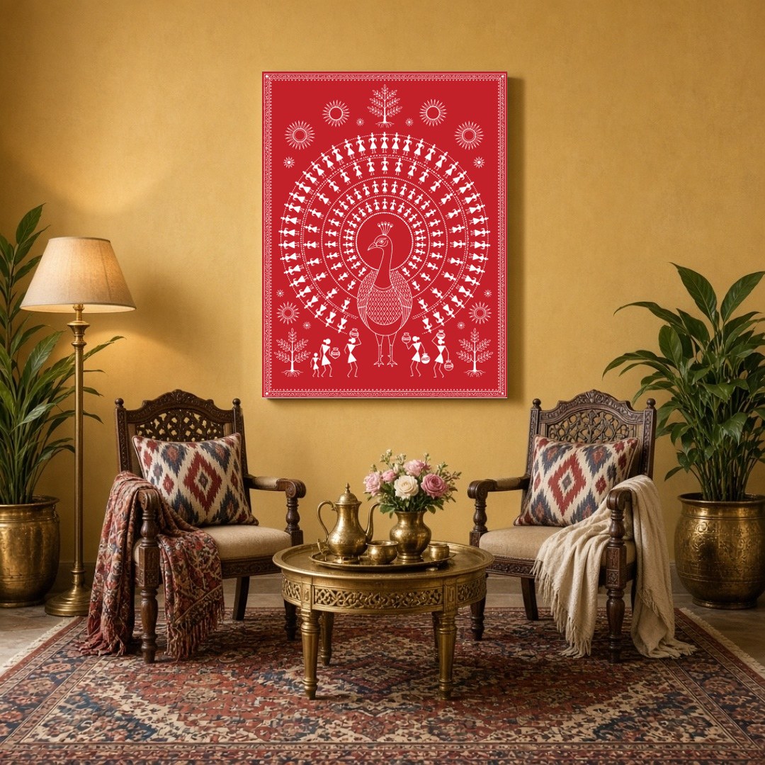 Immerse yourself in the rhythmic beauty of Warli art with this stunning depiction of a peacock for Sitting Area
