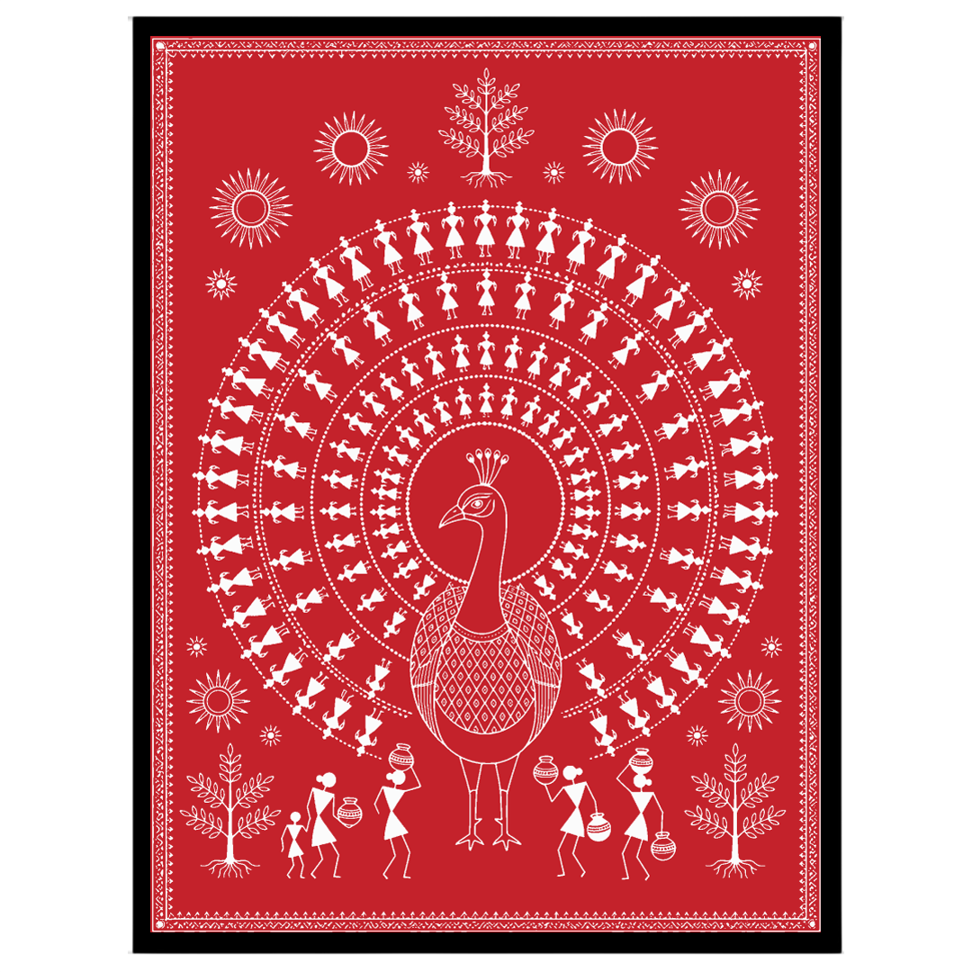 Immerse yourself in the rhythmic beauty of Warli art with this stunning depiction of a peacock for space