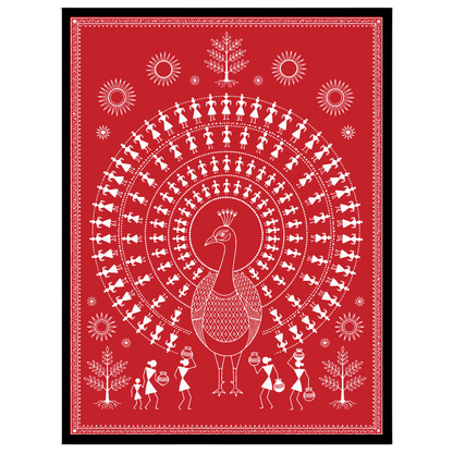 Immerse yourself in the rhythmic beauty of Warli art with this stunning depiction of a peacock for space