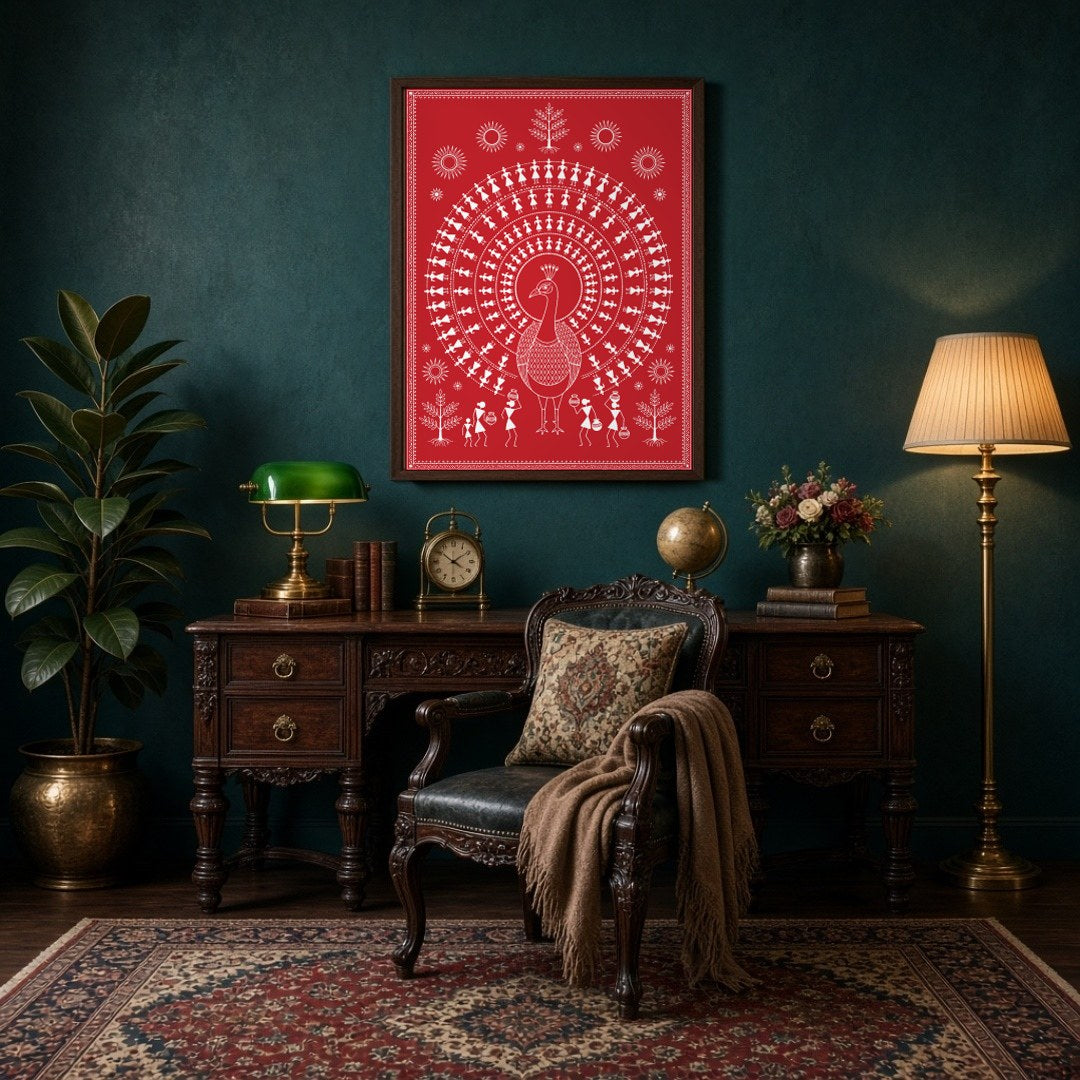 Immerse yourself in the rhythmic beauty of Warli art with this stunning depiction of a peacock for Study