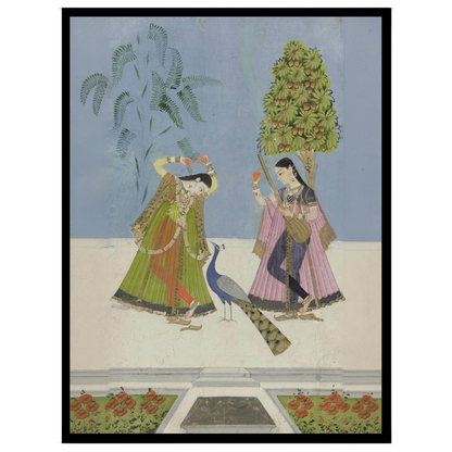 This exquisite Indian miniature art print captures two gracefully adorned women engaged in a for bedroom