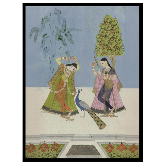 This exquisite Indian miniature art print captures two gracefully adorned women engaged in a for bedroom