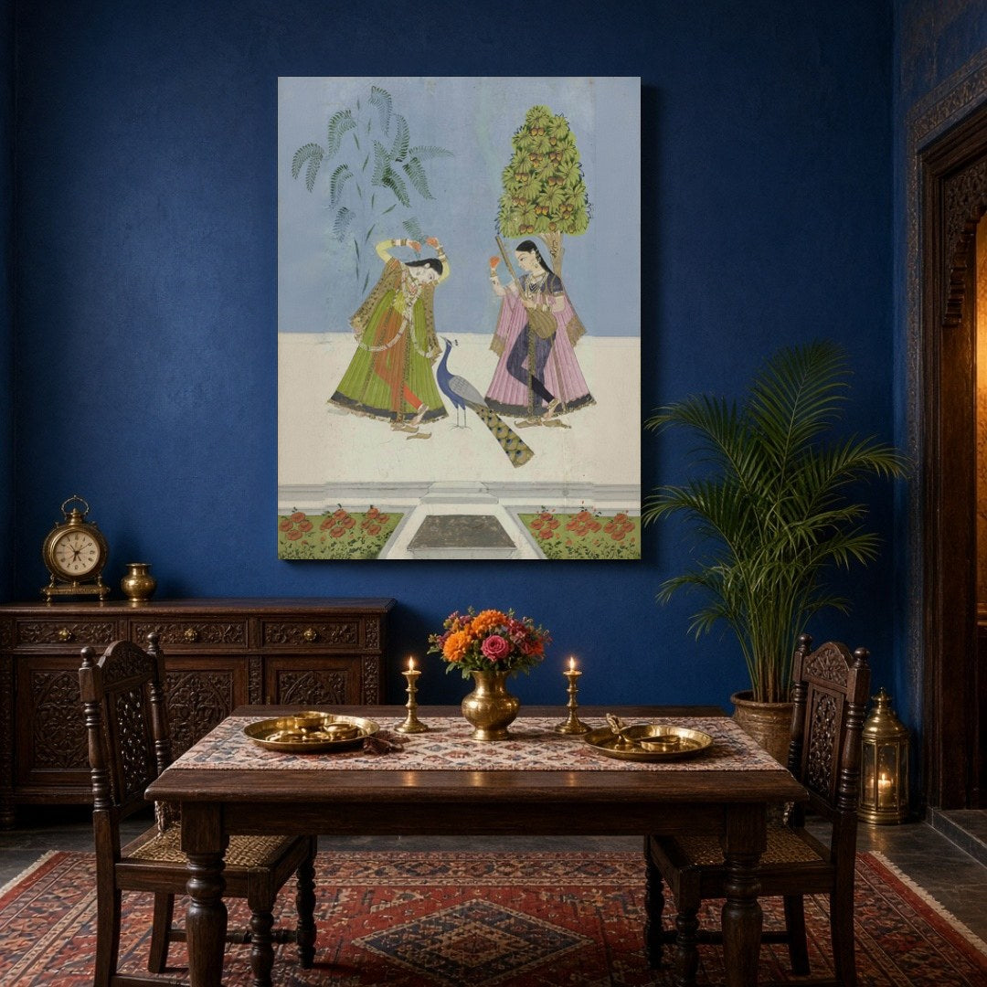 This exquisite Indian miniature art print captures two gracefully adorned women engaged in a for Dining