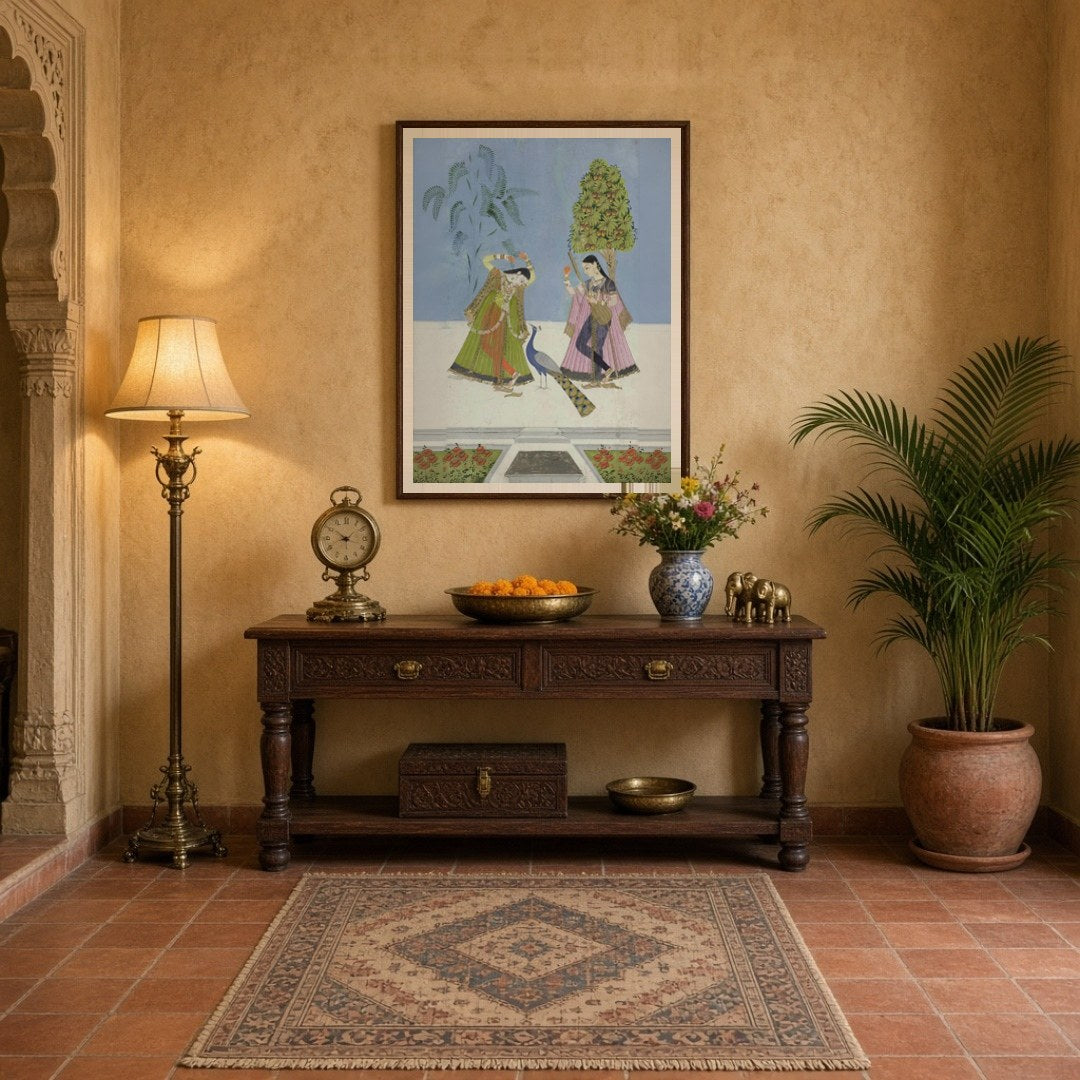 This exquisite Indian miniature art print captures two gracefully adorned women engaged in a for Entrance