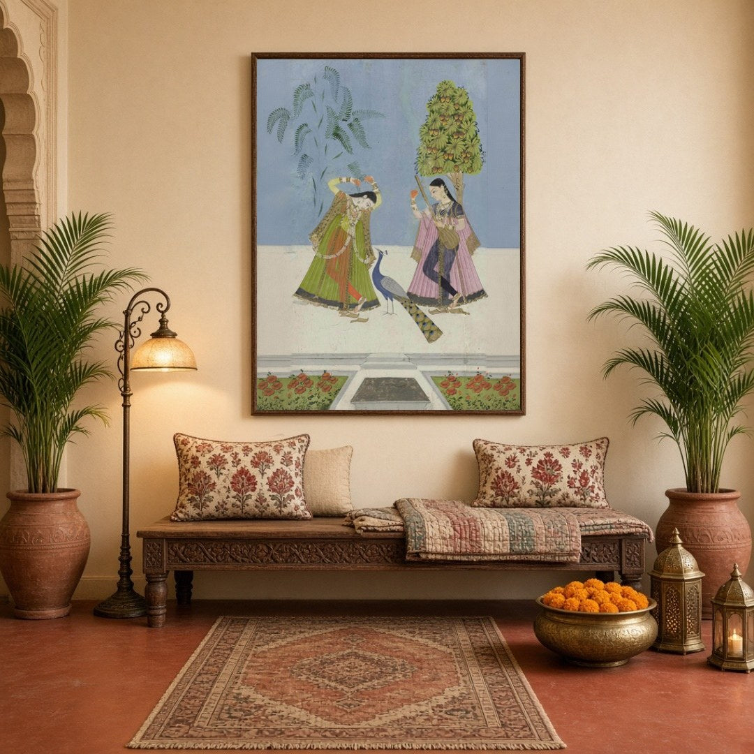 This exquisite Indian miniature art print captures two gracefully adorned women engaged in a for Hallway