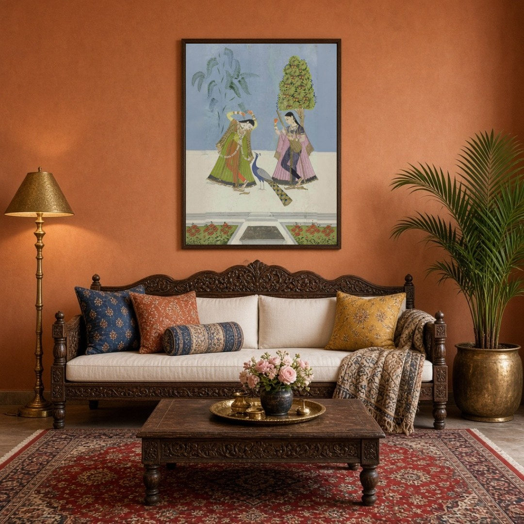 This exquisite Indian miniature art print captures two gracefully adorned women engaged in a for Living Room