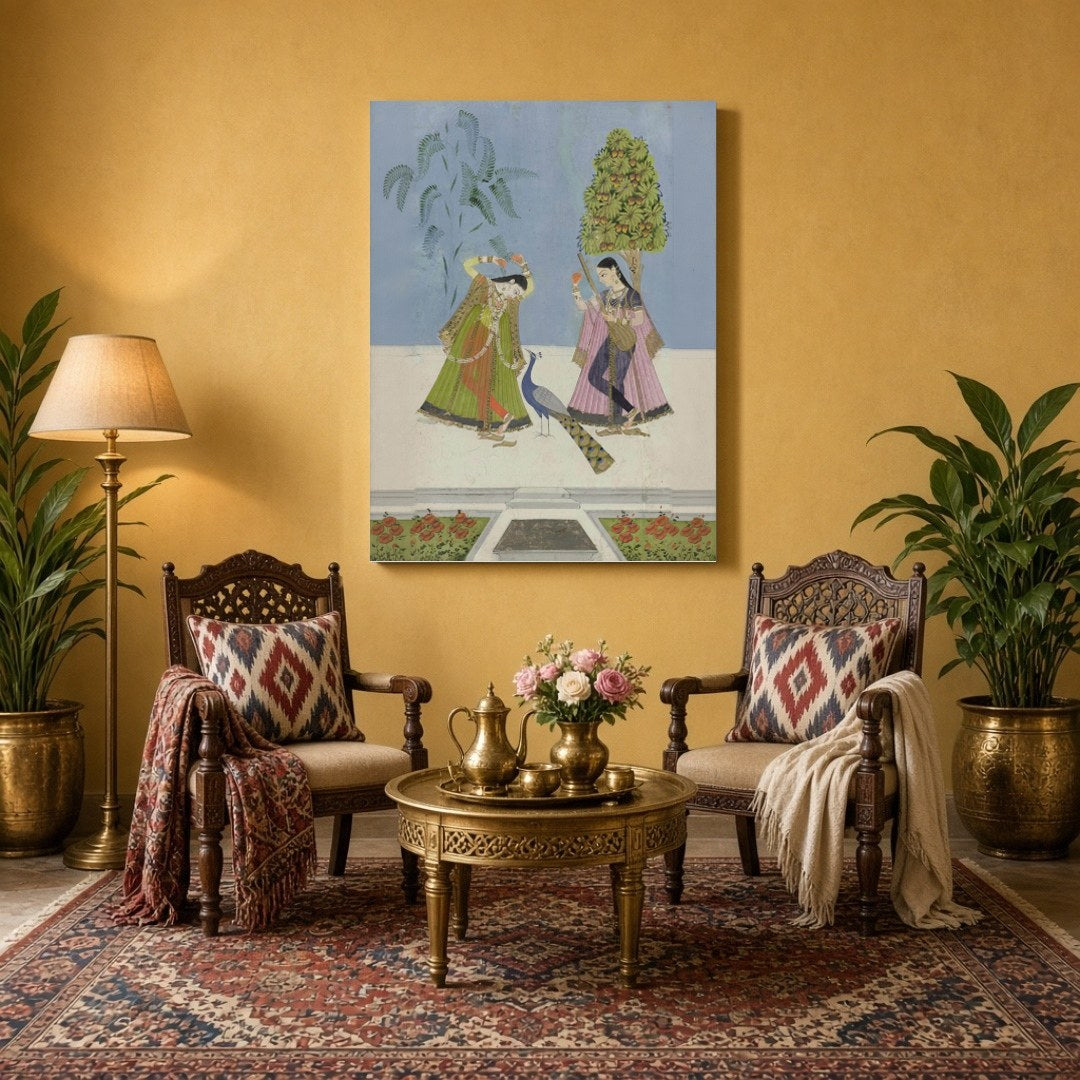 This exquisite Indian miniature art print captures two gracefully adorned women engaged in a for Sitting Area