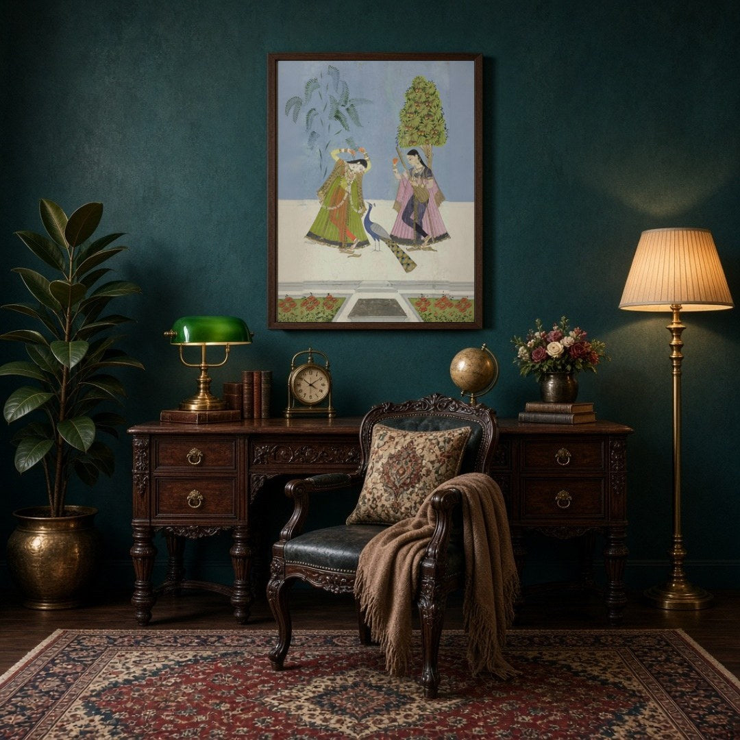 This exquisite Indian miniature art print captures two gracefully adorned women engaged in a for Study