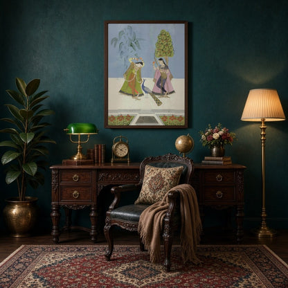 This exquisite Indian miniature art print captures two gracefully adorned women engaged in a for Study